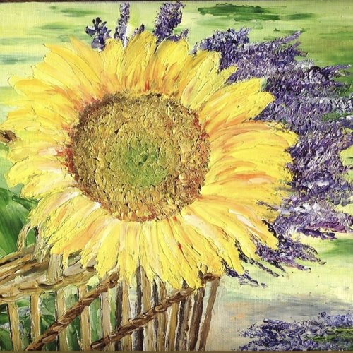 Tableau les couleurs de l’été  lavande et tournesol  paysage de provence peinture à l’huile au couteau
