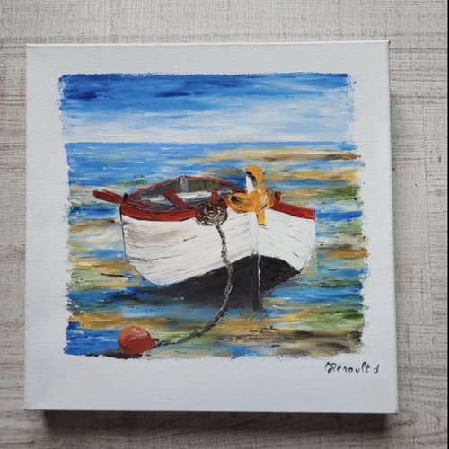 La barque  peinture à l’huile au couteau  décoration murale  cadeau pendaison de crémaillère