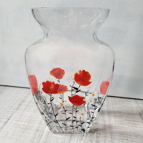 Vase en verre peint motif coquelicots  cadeau pendaison de crémaillère  tableau coquelicots
