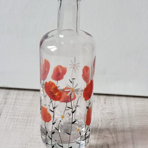 Bouteille en verre recyclée en carafe décor coquelicots  tableau coquelicots. cadeau pendaison de crémaillère