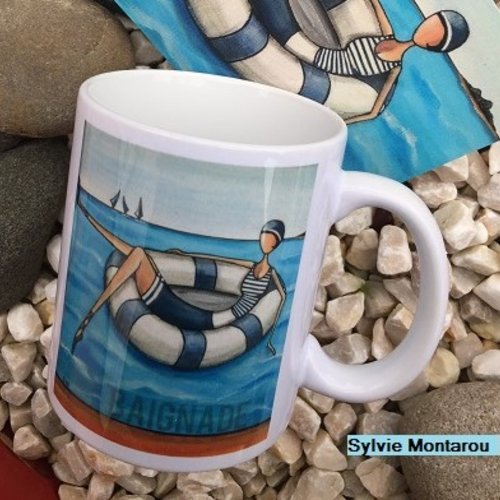 Mug artistique en céramique à l'image d'un de mes tableaux de baigneuse bord de mer cadeau bretagne plage bains de mer bleu