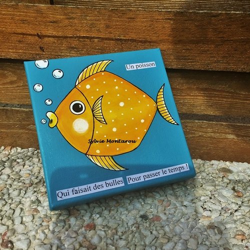 Le poisson qui faisait des bulles peinture déco chambre d'enfant mer jaune bleu acrylique tableau pour enfants
