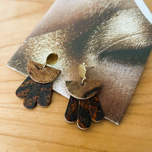 Boucles d'oreilles pendantes - inox or et cuir lézard