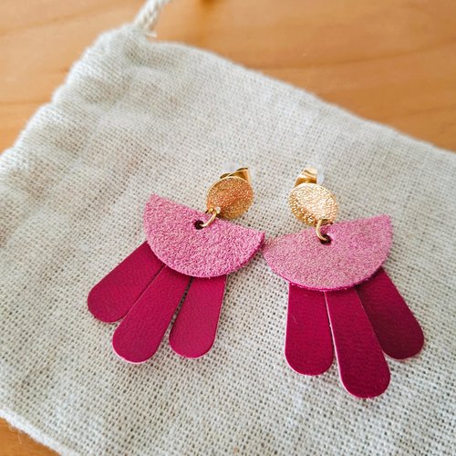 Boucles d'oreilles en cuir recyclé, pendantes - rose