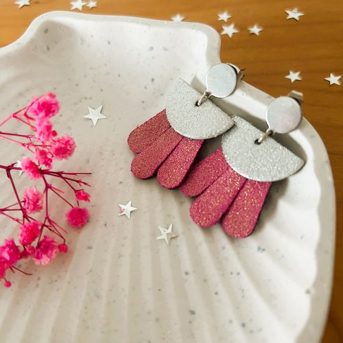 Elea - boucles d'oreilles cuir recyclé rose paillettes