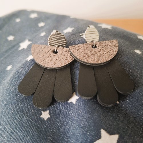 Elea - boucles d'oreilles cuir recyclé argent & noir
