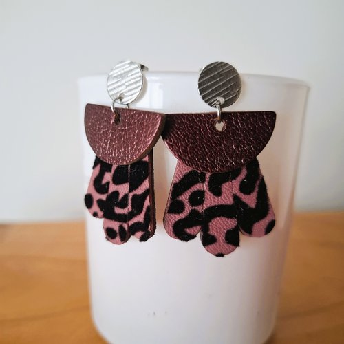 Elea - boucles d'oreilles cuir recyclé mauve et rose