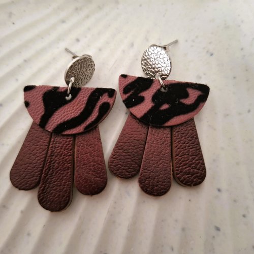 Elea - boucles d'oreilles cuir recyclé rose et mauve