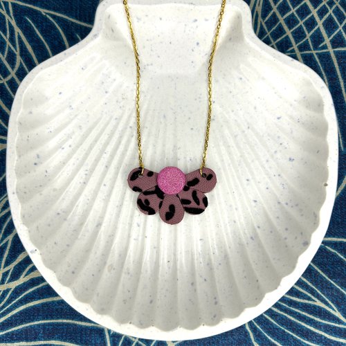 Collier demi fleur - chutes de cuir rose velours