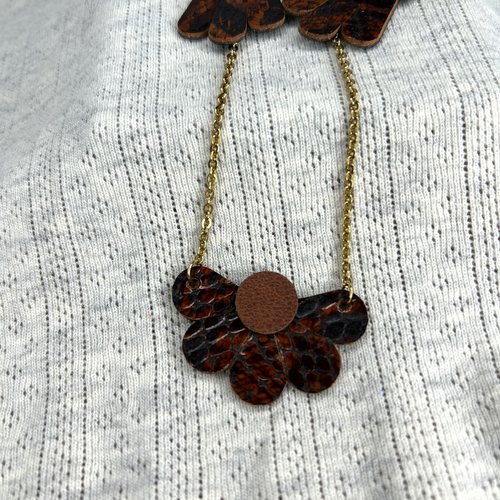 Collier demi fleur - chutes de cuir marron lézard