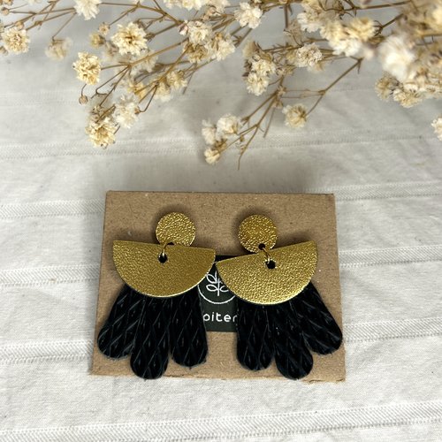 Boucles d'oreilles pendantes doré noir gaufré