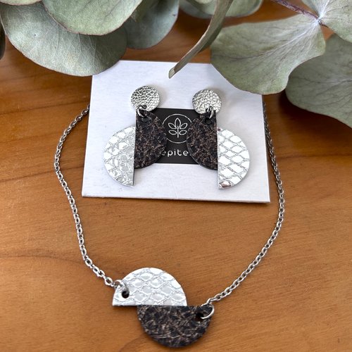 Parure collier + boucles d'oreilles cuir recyclé argenté brillant