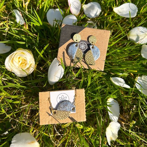 Parure collier + boucles d'oreilles cuir recyclé doré x bronze