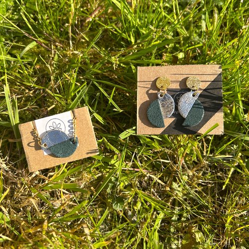 Parure collier + boucles d'oreilles cuir recyclé vert x bronze