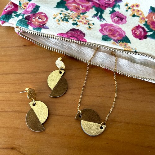 Parure collier + boucles d'oreilles cuir recyclé doré x camel