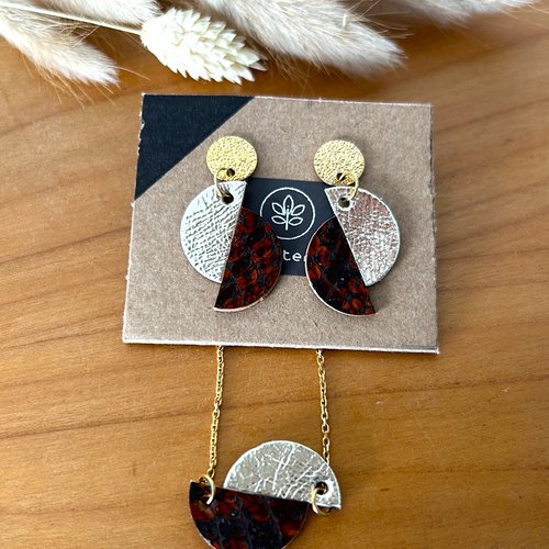 Parure collier + boucles d'oreilles cuir recyclé doré x lézard