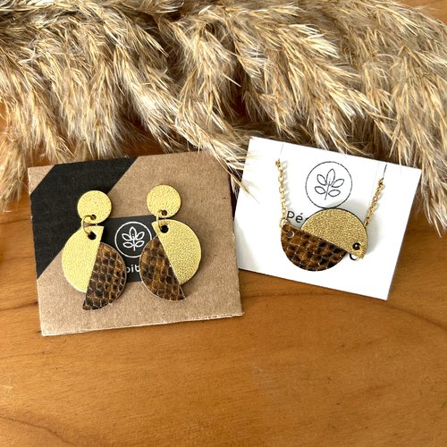 Parure collier + boucles d'oreilles cuir recyclé doré x marron écailles