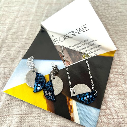 Parure collier + boucles d'oreilles cuir recyclé argenté x bleu nuit