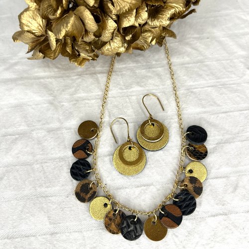 Collier pastilles de cuir - tons dorés brillant