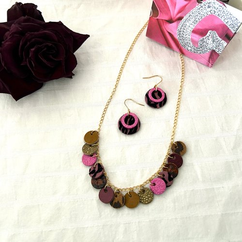 Collier pastilles de cuir - doré x rose