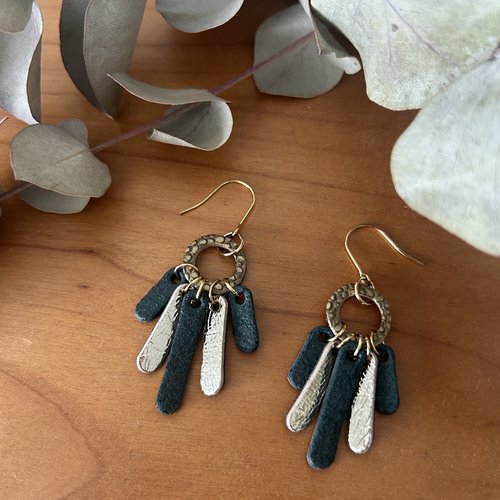 Boucles d'oreilles cuir recyclé vert doré miroir