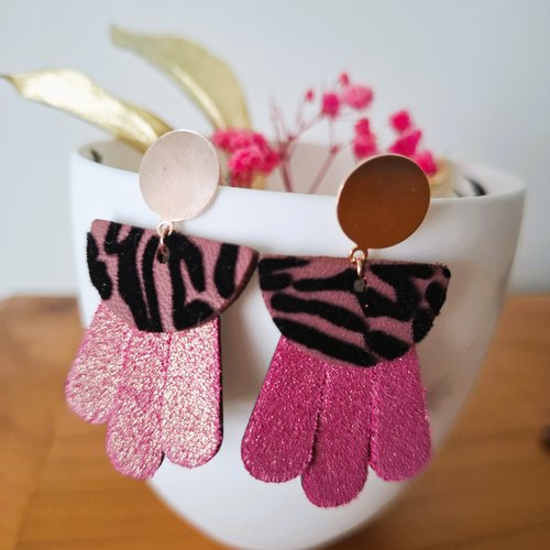 Boucles d'oreilles elea - cuir recyclé, pendantes - inox rose