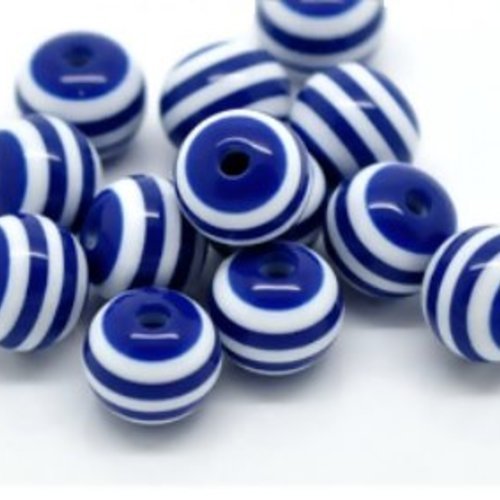 X5 perles rayées 12mm bleu marine et blanc en résine. rondes. bleu foncé. rayures