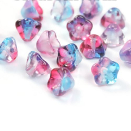 Lot de 5 perles fleurs en verre tchèque "belle de jour" fuchsia et bleu - 8mm x 6mm