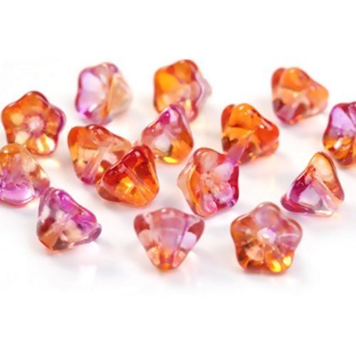 Lot de 5 perles fleurs en verre tchèque "belle de jour" orange et rose - 8mm x 6mm