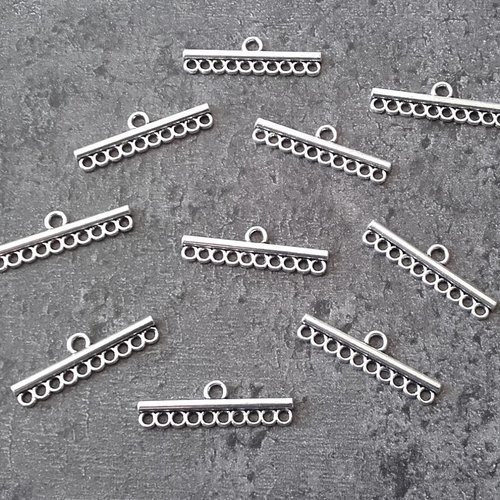 X10 connecteurs bracelet manchette multirangs. 10 trous. métal argenté vieilli. 24mm de longueur.
