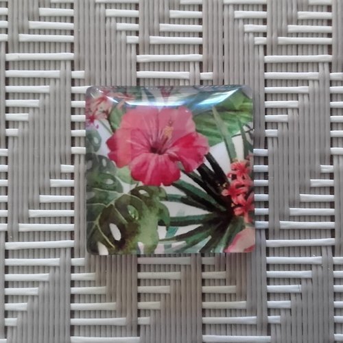 Cabochon en verre carré 20mm x 20mm. imprimé tropical, fleur d'hibiscus.