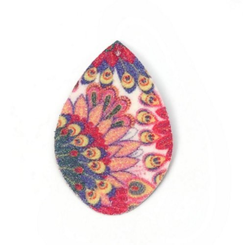 X2 pendentifs goutte pailletés. 55mm x 36mm. imprimé plumes, feuilles, fleurs, plumes de paon. rouge, rose clair, violet, jaune et vert.