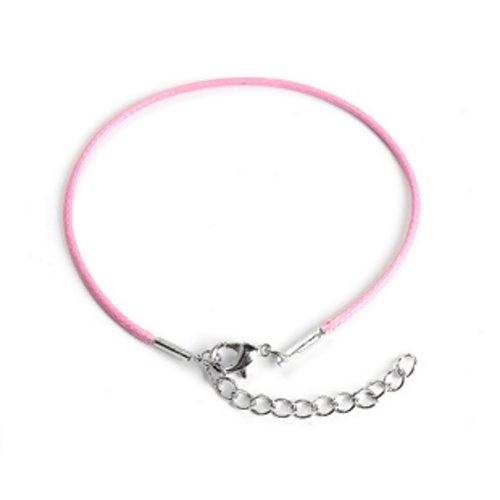Support bracelet en cordon ciré rose très fin avec fermoir mousqueton et chainette d'extension. 