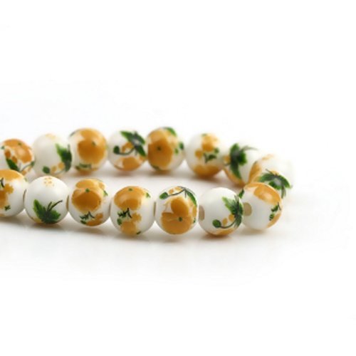 X10 perles 8mm rondes en céramique imprimé fleurs - jaune moutarde, vert et blanc.