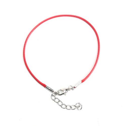 Support bracelet en cordon ciré rouge très fin avec fermoir mousqueton et chainette d'extension. 
