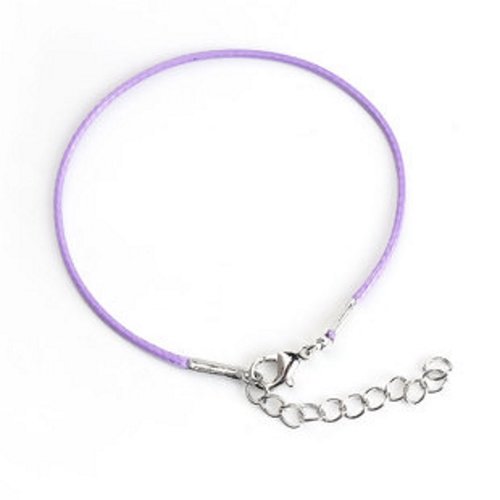 Support bracelet en cordon ciré mauve violet très fin avec fermoir mousqueton et chainette d'extension. 