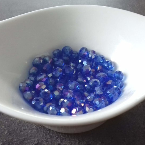 X20 perles en verre à facettes, rondes plates, soucoupes. bleu ab. 6mm x 4mm