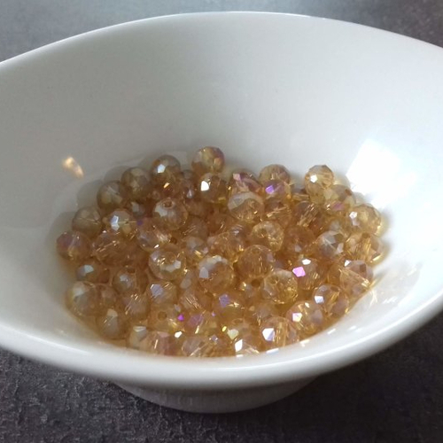 X20 perles en verre à facettes, rondes plates, soucoupes. champagne ambré, ab. 6mm x 4mm