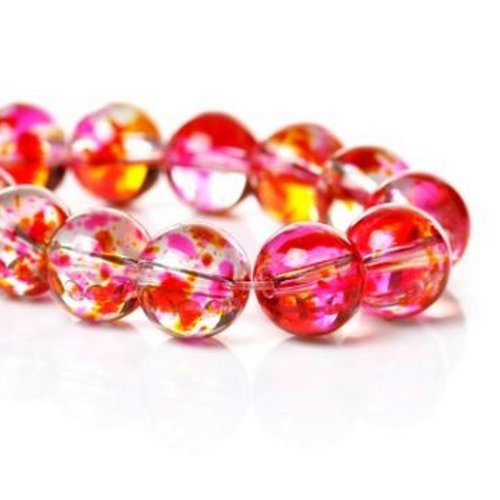 X10 perles 10mm en verre transparent, taches roses, jaunes et oranges. perles tachetées de peinture.