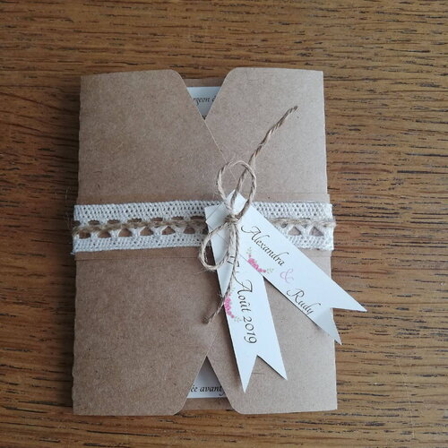 Faire part champêtre , dentelle et papier kraft ( model 1)
