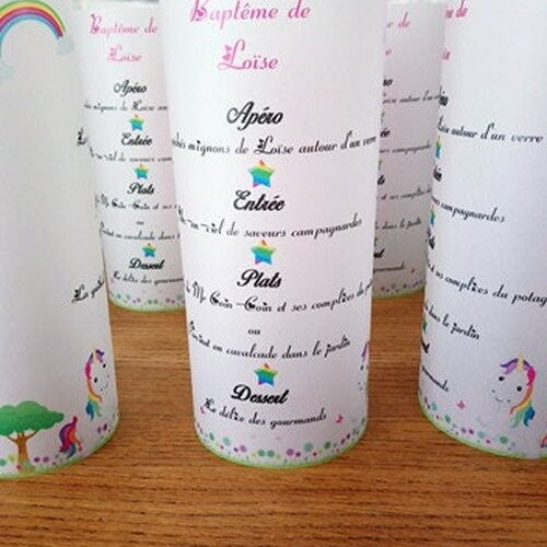Menu photophore  thème licorne pour baptême , anniversaire ( autre thème possible)