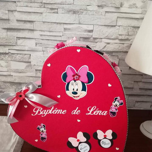 Urne forme coeur , thème minnie , strass pour baptême
