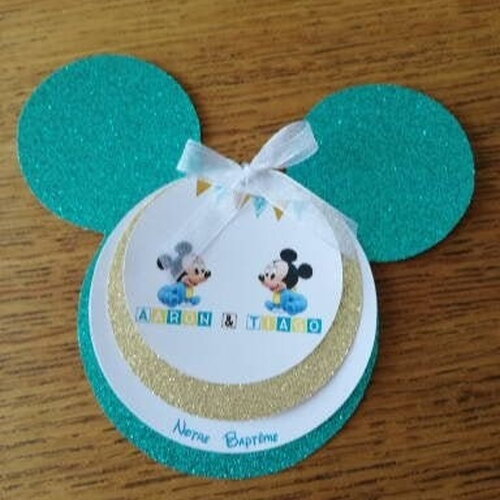 Faire part forme tête de mickey pour baptême ou anniversaire