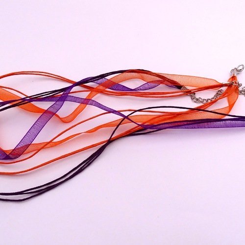 Fournitures pour créations - lot de 2 colliers ruban organza cordon coton - violet - orange - loisirs créatifs
