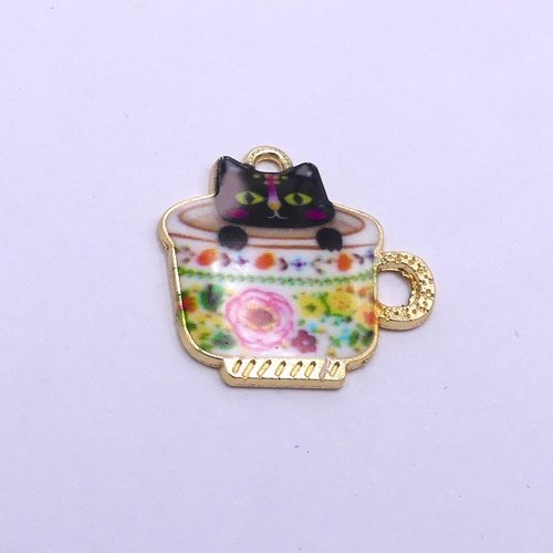 Breloques chats, pendentifs, métal doré émaillé, doré, blanc, rose, noir, kawaï, 24 x 24 mm