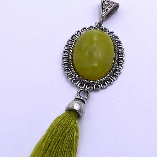 Pendentif rétro, vintage, laiton argenté, résine, pompon coton, fournitures bijoux, loisirs créatifs