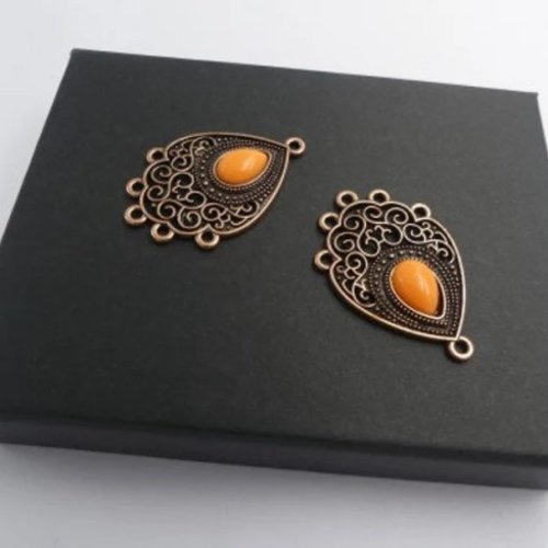 Lot de 2 pendentifs métal cuivré, cabochon verre couleur orange, loisirs créatifs, fourniture pour bijoux