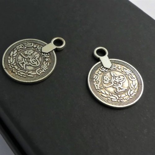 Lot de 2 breloques rondes en laiton argenté - fournitures bijoux & loisirs créatifs