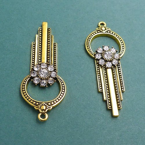 Lot de 2 pendentifs en laiton doré avec strass, style art déco - idéal pour vos créations
