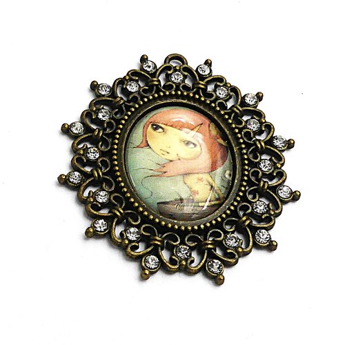 Pendentif, laiton bronze, verre, strass, fait main